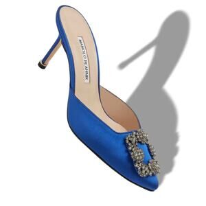 Manolo Blahnik Blue Satin Jewel Buckle Mules size 38